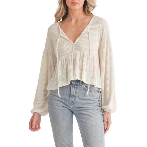 Lush Cream Waffle Knit Tie Front Peplum Babydoll Top Oversized Small/Medium NWT - Picture 1 of 13